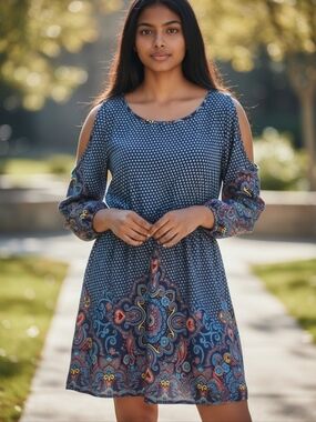 " Unknown Brand" Navy Paisley-Trim Cold-Shoulder Mini Dress